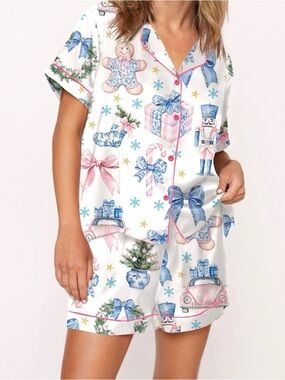 Women's White Holiday Print Satin Pajama Set with Blue and Pink Accents
